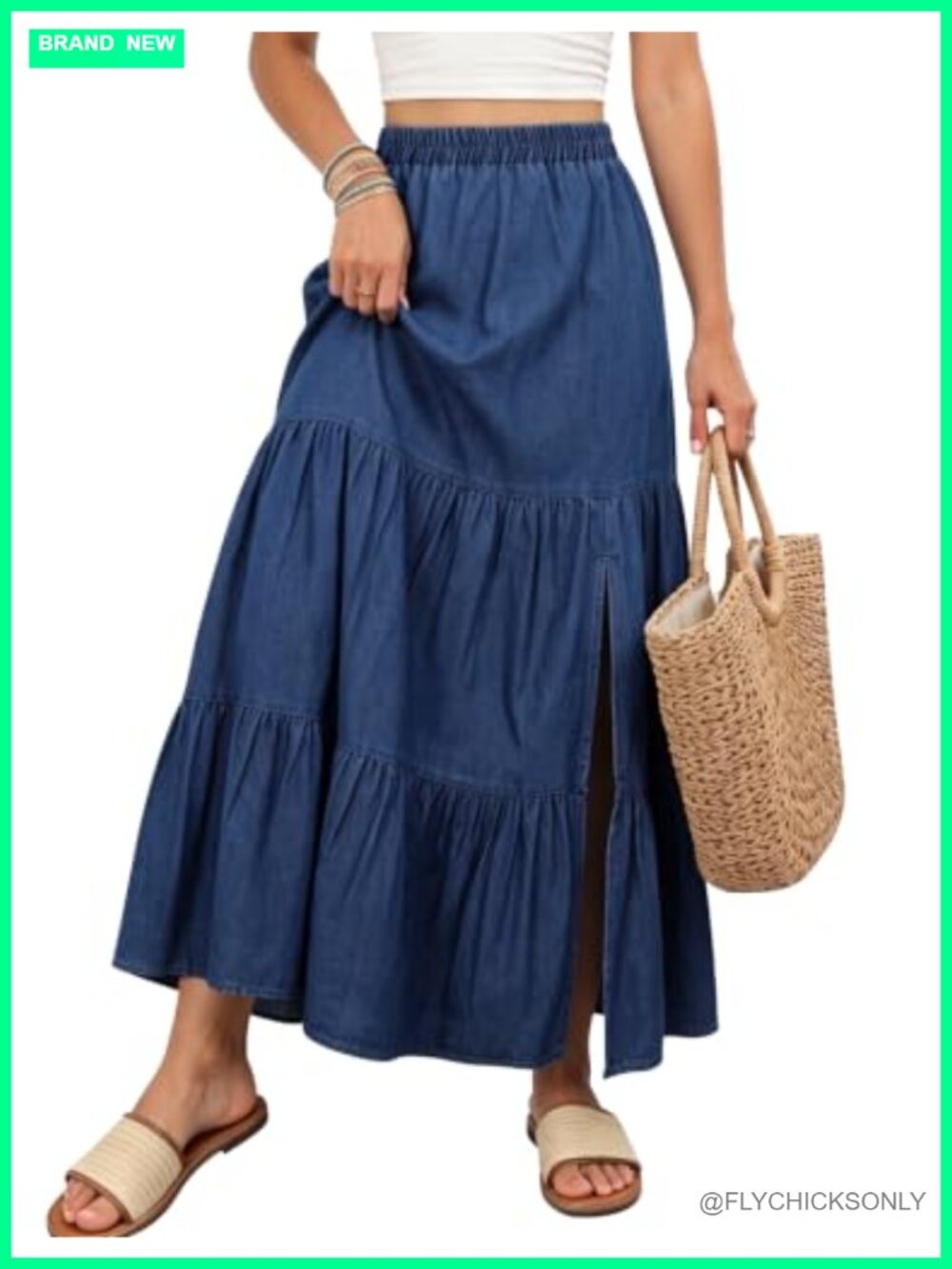 Womens Long Denim Maxi Skirt Flowy A-Line Side Slit Tiered Boho Jean Skirt